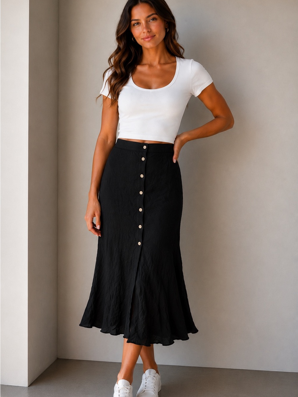 Zara Black Button-Front Midi Skirt